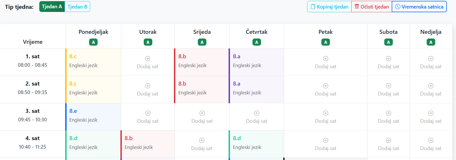 Tjedni raspored u Učiteljki